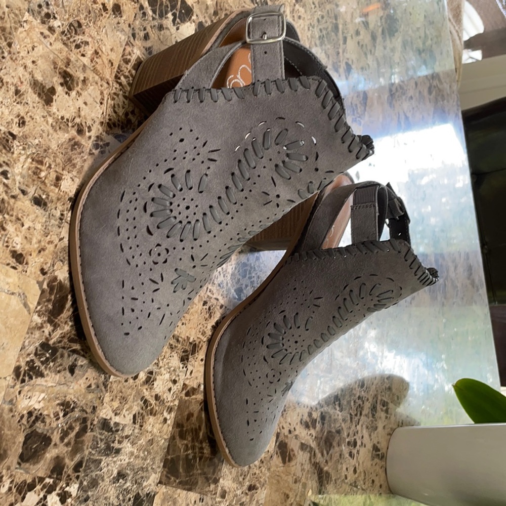 Gray suede open heel boot